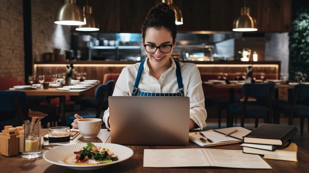 gérante qui référence son restaurant horeca sur le web