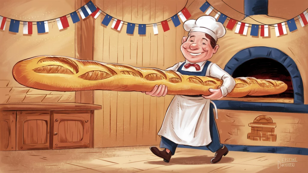 illustration horeca : boulanger qui sort la plus longue baguette au monde du four
